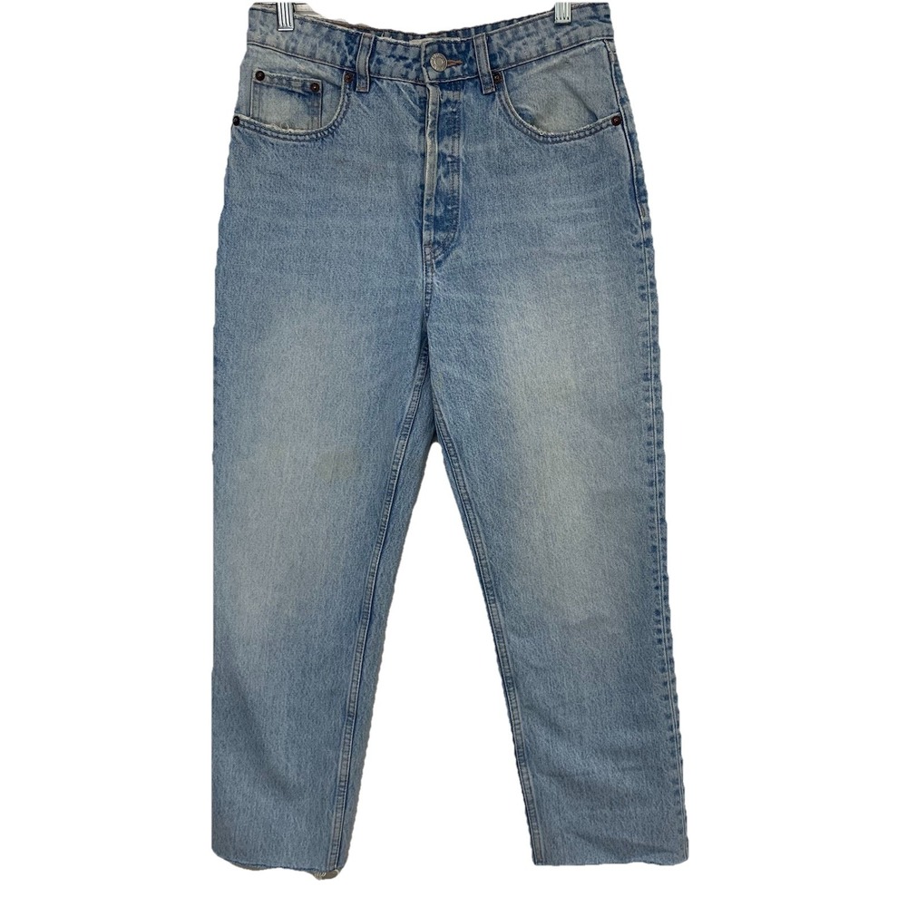 Zara Button Fly Jeans Woman Crop Blue Light Wash Size 6‎ Fray Pockets High Rise